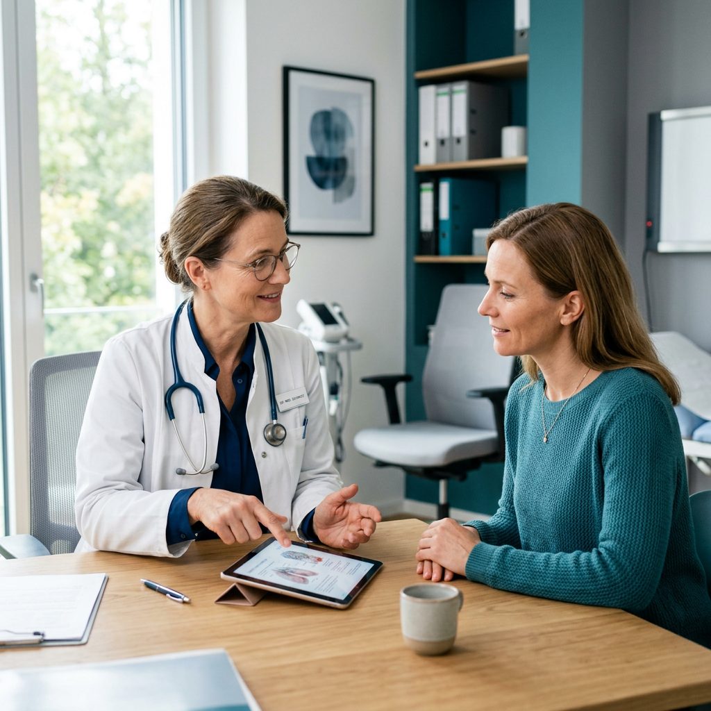 Startseite 3 Ärztin bespricht den Bestrahlungsplan mit einer Patientin im Beratungsgespräch