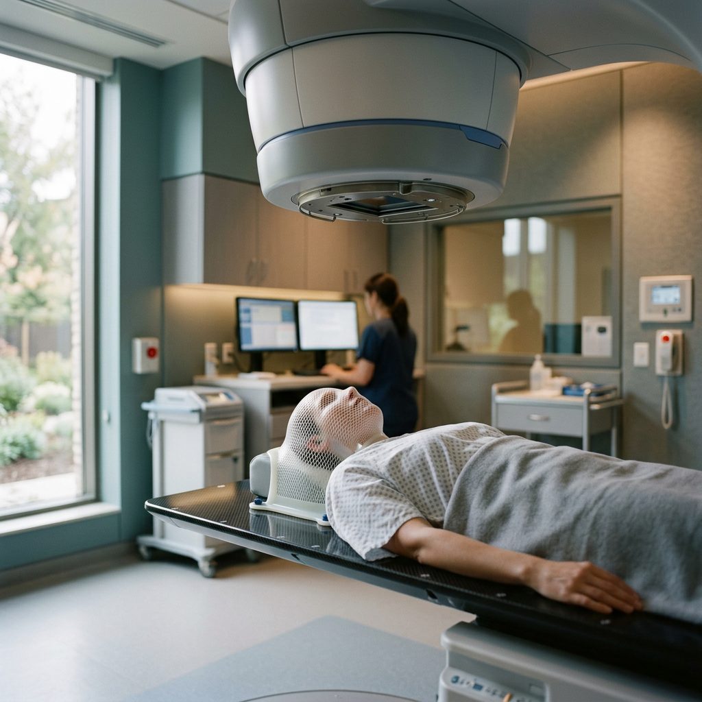 Startseite 1 Linearbeschleuniger mit Patientenlagerung und thermoplastischer Kopfmaske im Bestrahlungsraum