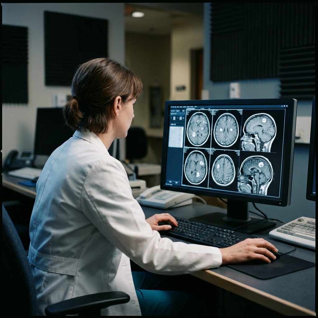 Startseite 2 Ärztin beurteilt MRT-Hirnscans mit Hirnmetastasen am Befundungsmonitor